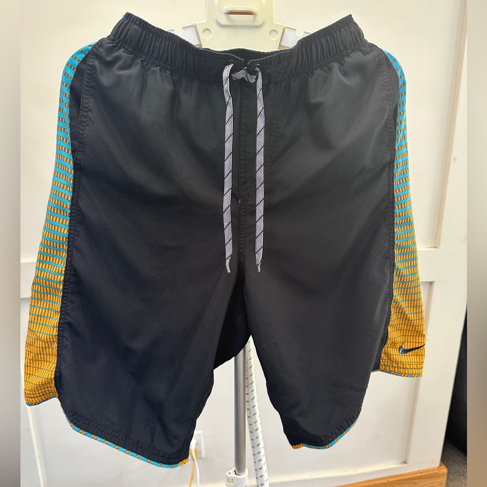 Nike Swim Shorts Mens Medium Trunks Drawstring Closure Black Blue & Orange